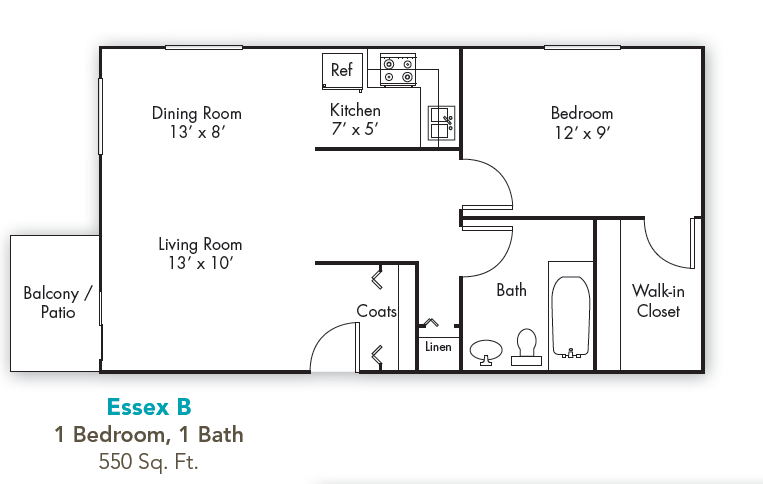 Floor plan for 1 bed, 1 bath, 550 sqft